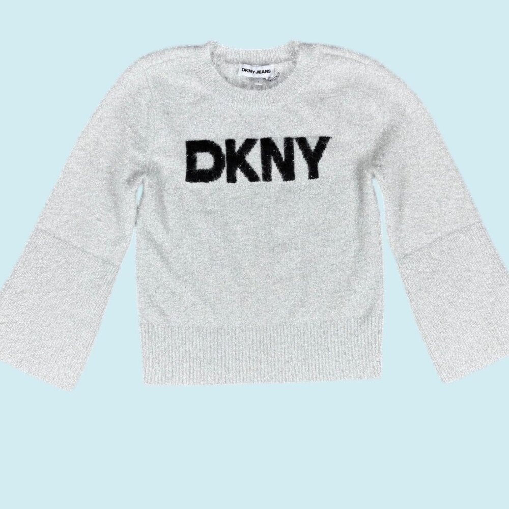DKNY Sweater Women's Small Silver Gray Sparkle Holiday Boxy Bell Long Sleeve NWT